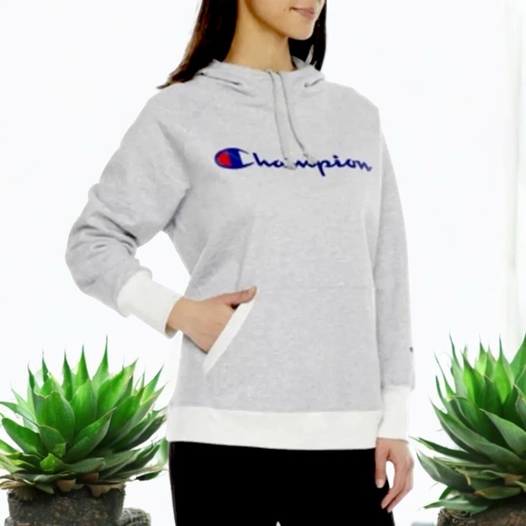Champion Women's Powerblend Fleece Script Pullover Hoodie In Gray - Picture 6 of 16